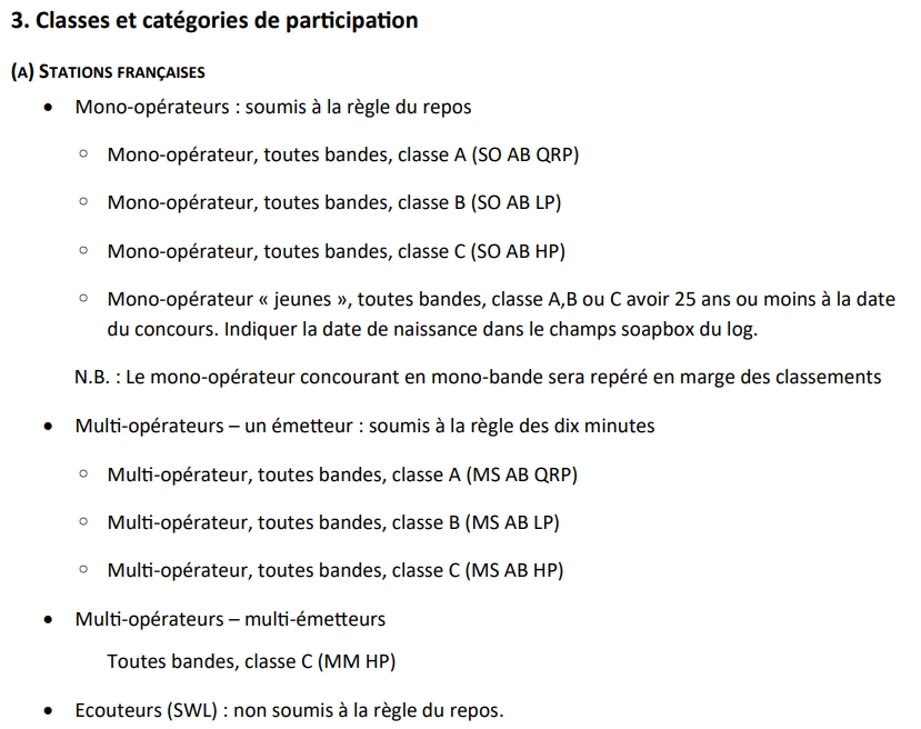 Classe et categorie CDF HF et SSB